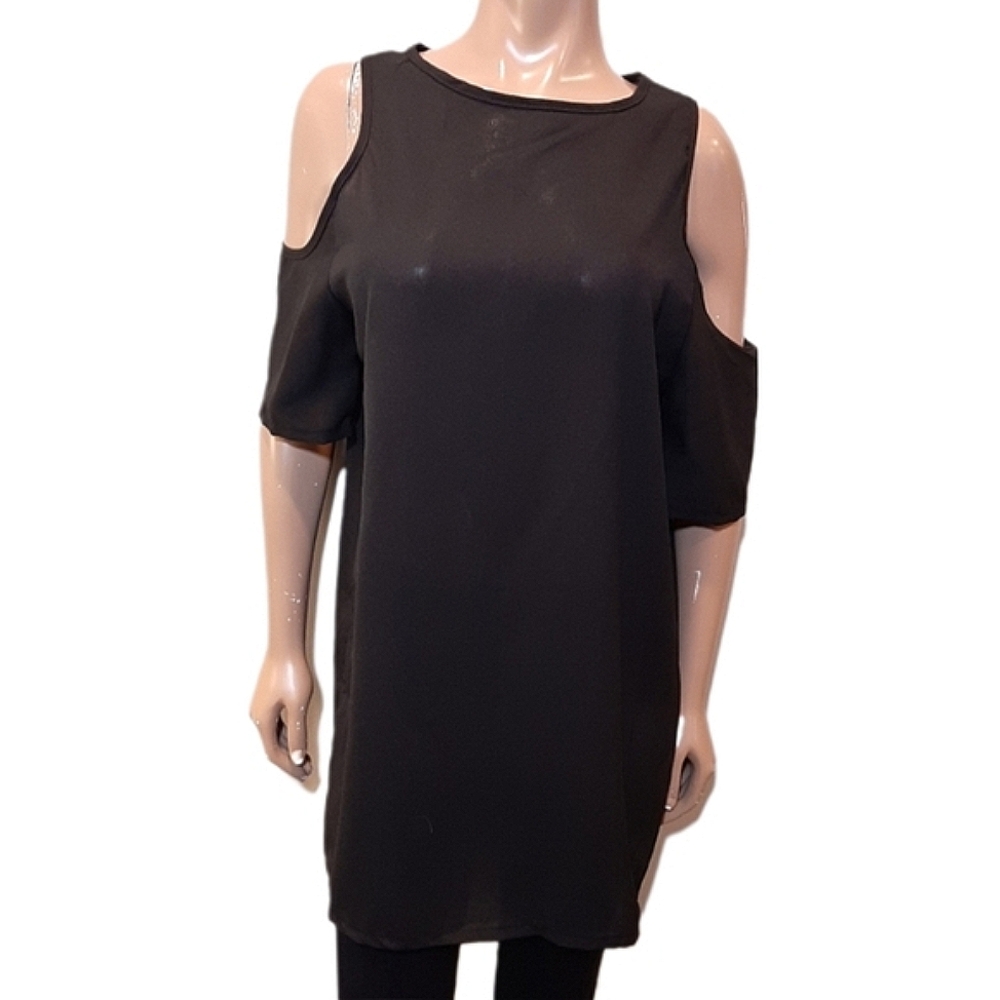 Cold Shoulder Tunic Top Mini Dress Short Sleeve Solid Black Semi Sheer